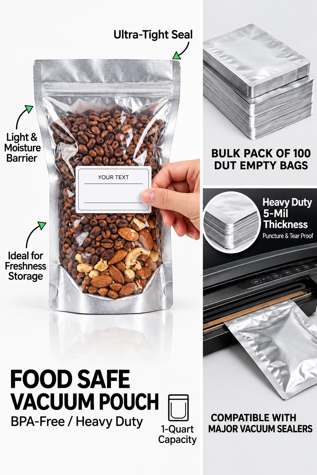 Food Grade Aluminum Foil Vacuum Seal Bags – 3-Side Sealed, Heavy Duty Freezer & Fridge Storage Pouches (Pack of 50)