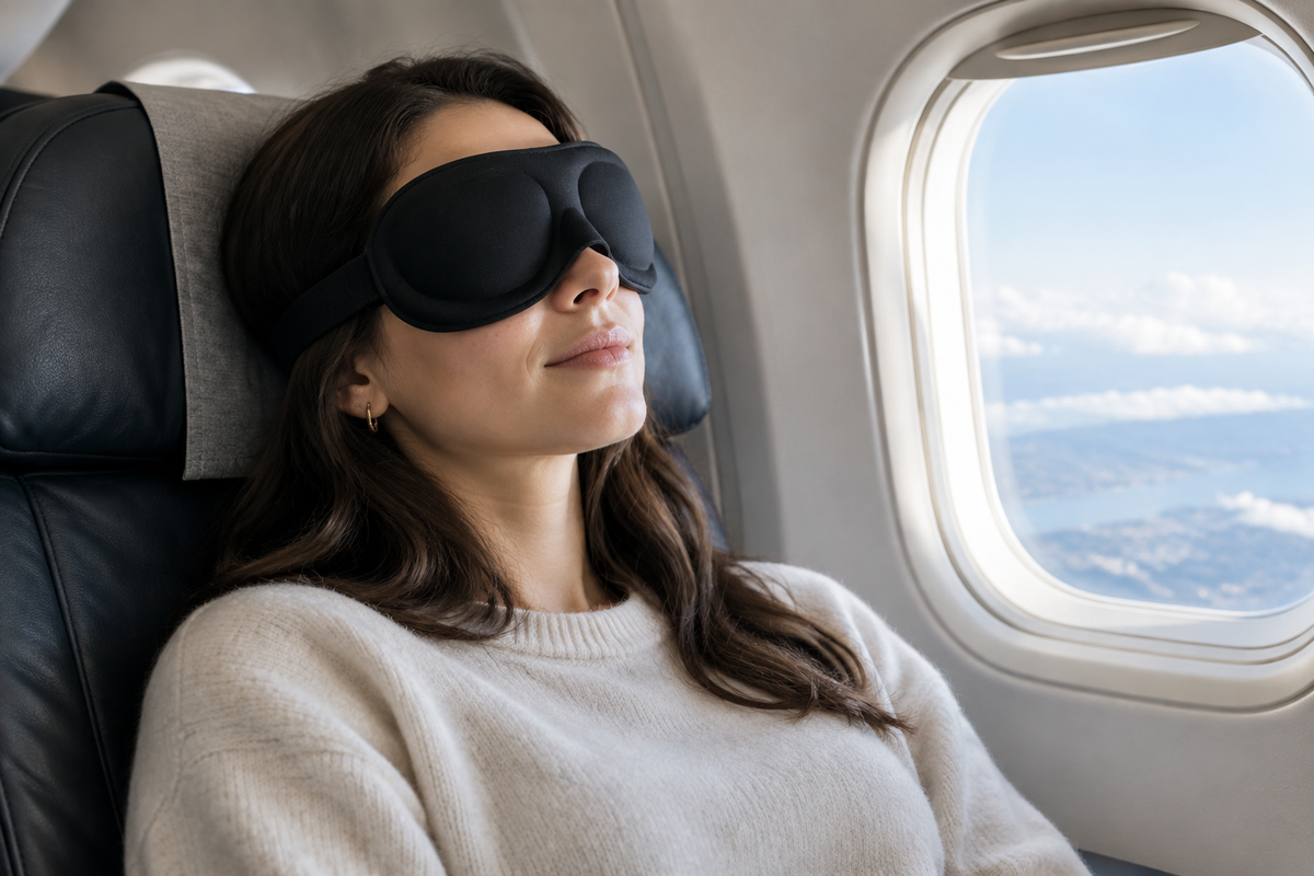 Person wearing 3D sleep eye mask on an airplane